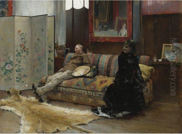 Bouderie (gustave Courtois In His Studio) Oil Painting by Pascal-Adolphe-Jean Dagnan-Bouveret