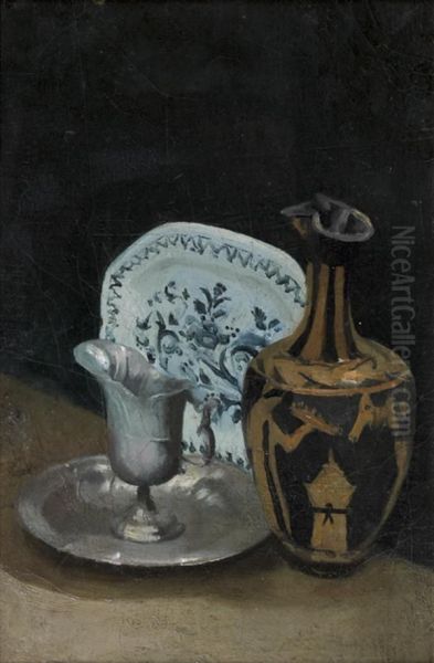 Nature Morte Au Vase Grec, Argenterie Et Ceramique Oil Painting by Pascal-Adolphe-Jean Dagnan-Bouveret