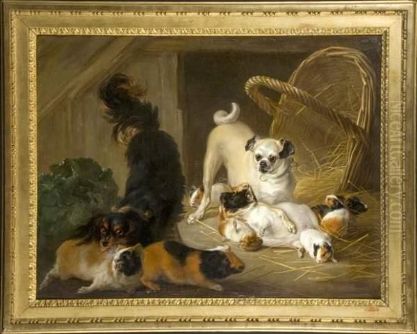 King Charles, Carlin Et Hamsters Oil Painting by Charles Dagomer