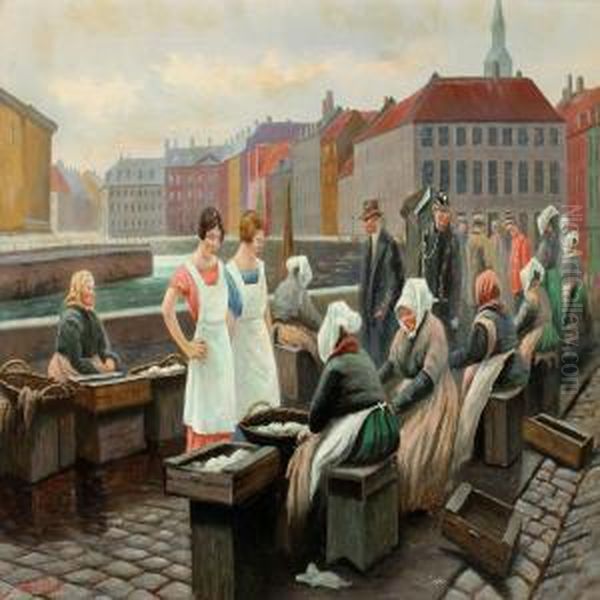 Women Selling Fish At Gl. Strand, Copenhagen Oil Painting by Axel Dahl