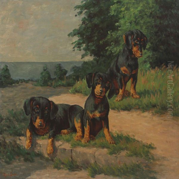 Scenery With Dax Puppies Oil Painting by Axel Dahl