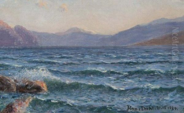 At The Water's Edge With Mountains In The Background Oil Painting by Hans Dahl