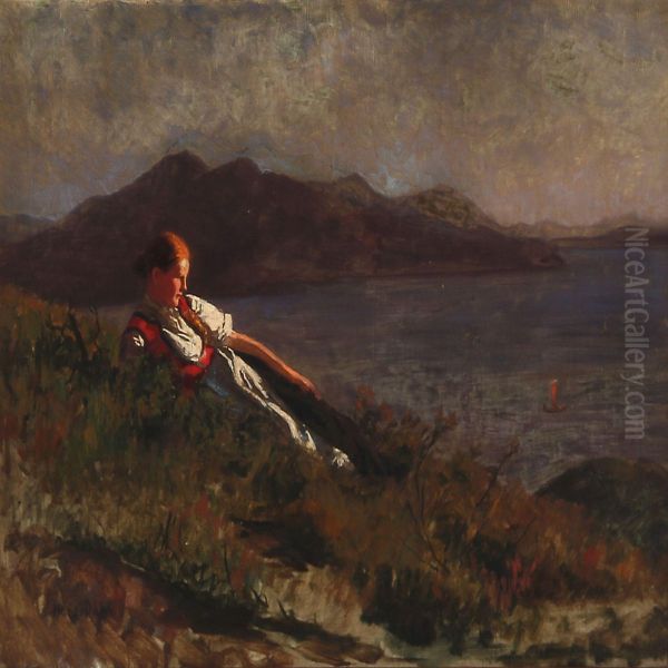 Young Norwegian Girl Laying In The Sunset On The Slopes Of A Fiord Oil Painting by Hans Dahl