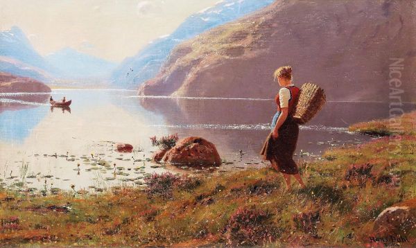 A Young Girl In A Fjordlandscape Oil Painting by Hans Dahl