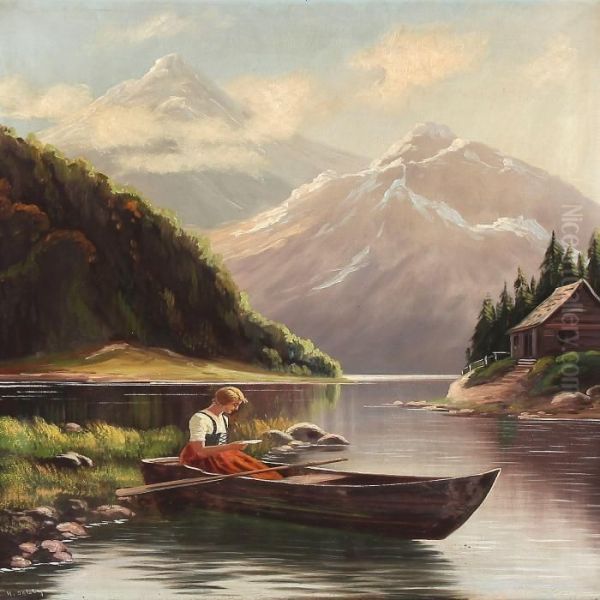 Norwegian Fiord Scene With S Woman In A Rowing Boat Oil Painting by Hans Dahl