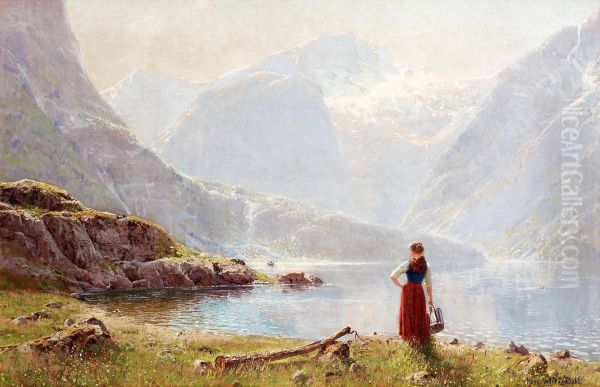 A Young Girl By A Fjord Oil Painting by Hans Dahl