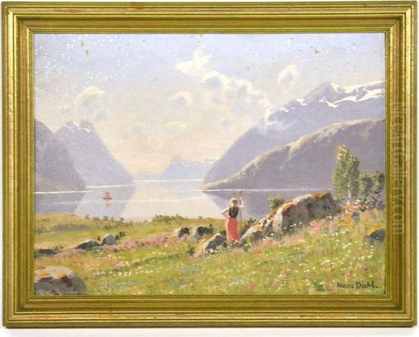 Woman Looking Over A Mountain Lake Oil Painting by Hans Dahl