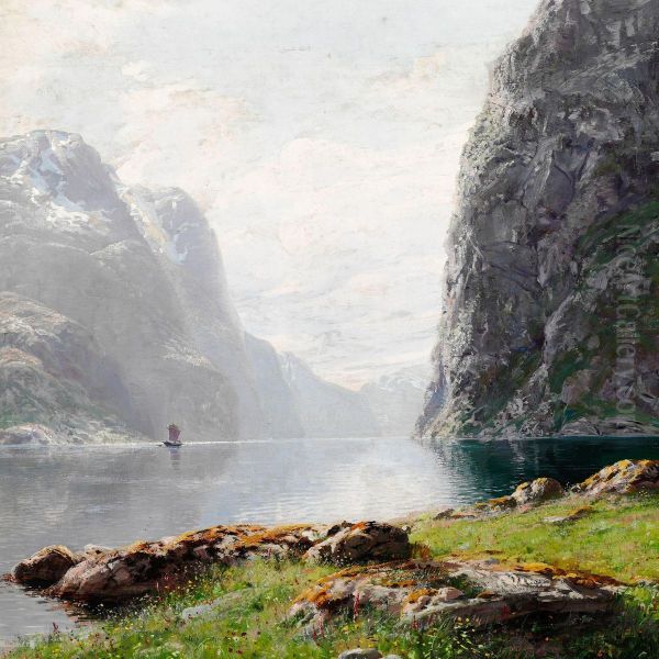 View Of A Norwegian Fiord With A Sailing Ship Between Tall Vertical Cliffs Oil Painting by Hans Dahl