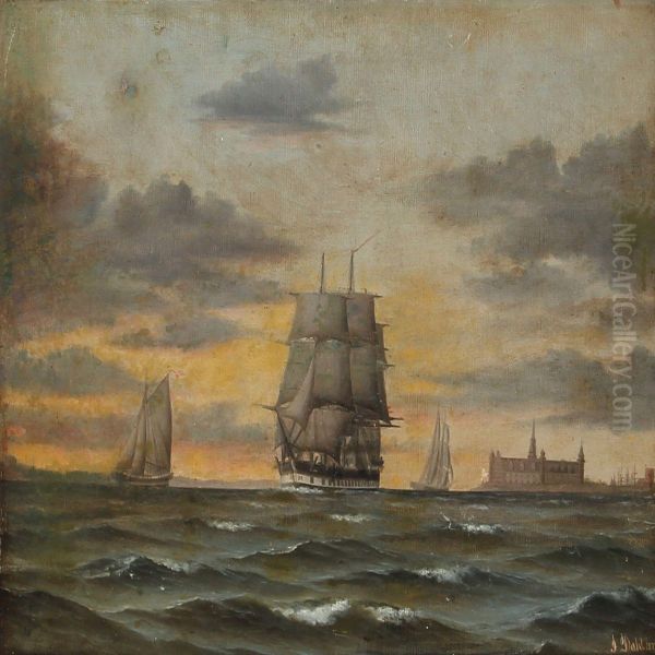 Coastal Scene With A Schooner Off The Coast Of Kronborg Castle Oil Painting by Jorgan Dahl