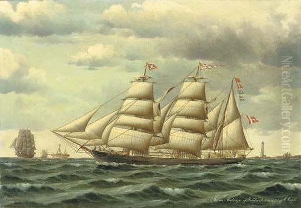 The Danish Barque Maria Aistrup Of Frederikshavn Under Reduced Sailoff A Danish Coast Oil Painting by Jorgan Dahl