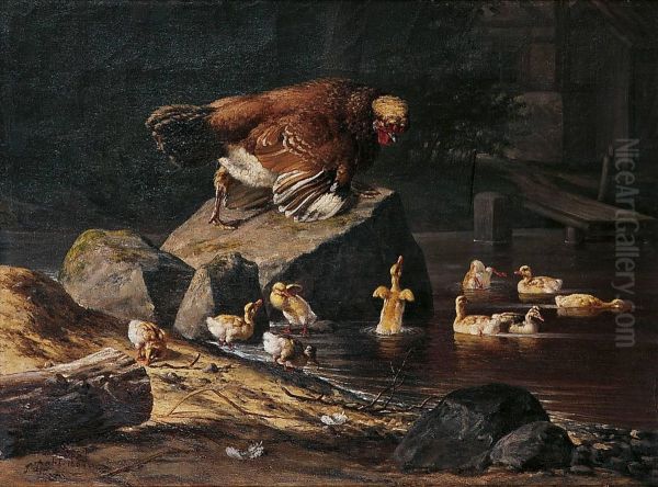 Poule Et Petits Canards Oil Painting by Siegwald Johannes Dahl