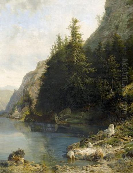 Uferpartie Mit Tannen An Bergsee. Oil Painting by N. Dahlberg