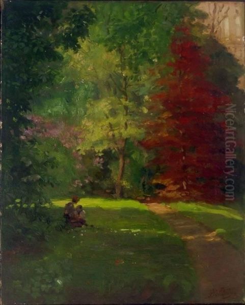 Frau Mit Kind Im Schlosspark Um 1925 Signiert Unten Rechts Oil Painting by Adolf Dahle