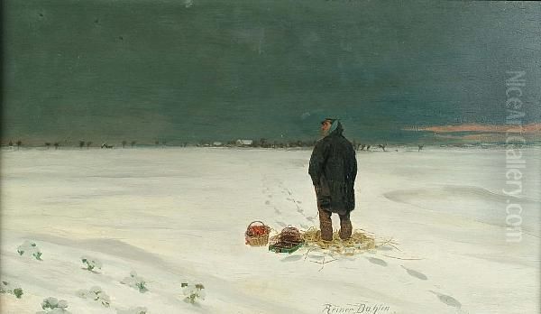 A Man In An Extensive Winter Landscape Oil Painting by Reiner Dahlen