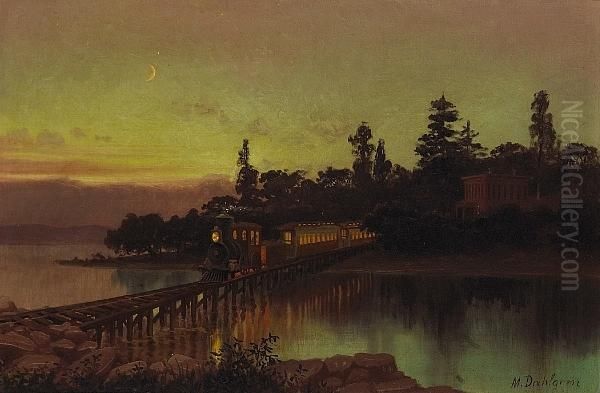 A Steam Locomotive Crossing A Trestle Bridge In The Moonlight Oil Painting by Marius Dahlgren