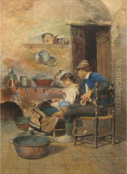 Flirtation In The Kitchen Oil Painting by Augusto Daini