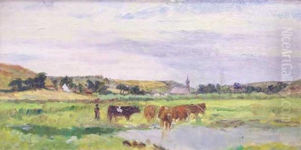 Troupeau De Vaches S'abreuvant Oil Painting by Maurice Dainville