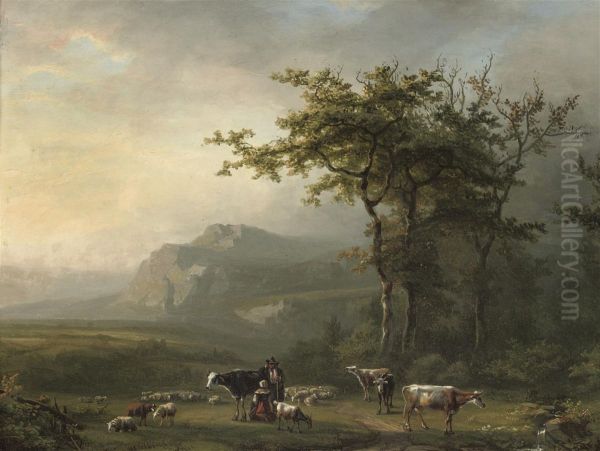 Milking A Cow In A Mountainous Landscape Oil Painting by Alexander Joseph Daiwaille