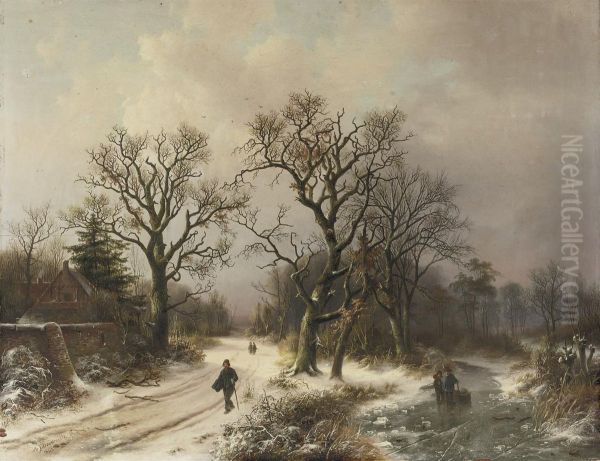 On A Snowy Track In Winter Oil Painting by Alexander Joseph Daiwaille