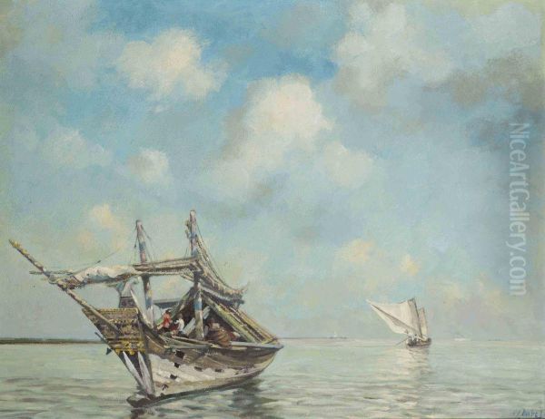 Junks Before The Coast Oil Painting by Carel Lodewijk, Dake Jr.