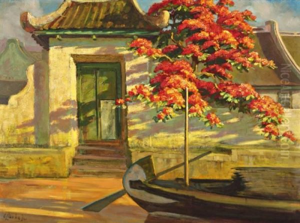 Balinees Huis Met Bloesemboom Oil Painting by Carel Lodewijk, Dake Jr.