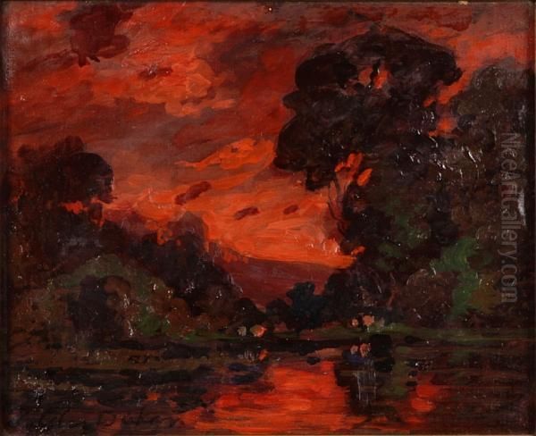 Sunset Beyond A Pool Oil Painting by Tilden Dakin