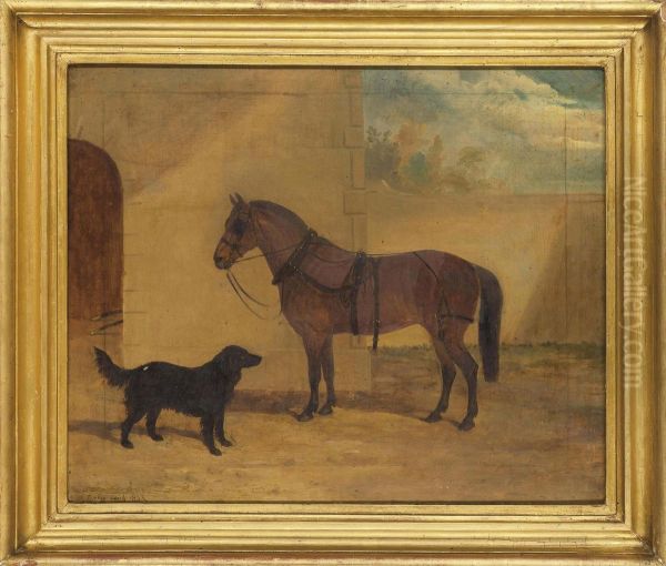 A Saddled Chestnut Hunter And Black Dog In Courtyard Oil Painting by David of York Dalby