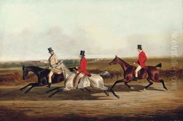 Group Portrait Of Lord Durham, Ralph Lambton And Billy Williamson, Riding To A Meet Oil Painting by John Dalby Of York