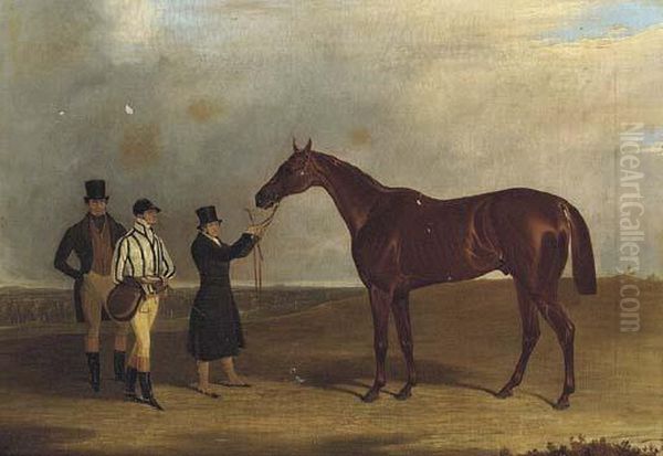 General Chasse Held By His Trainer With His Jockey And Ownerstanding To The Left Oil Painting by John Dalby Of York