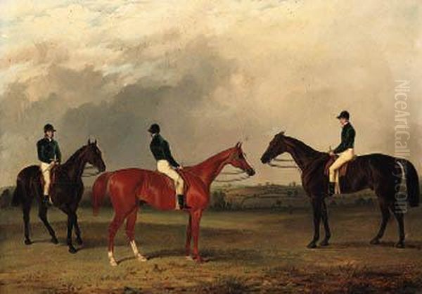 A Chestnut And Two Bay Racehorses With Jockeys Up In An Extensivelandscape Oil Painting by John Dalby Of York