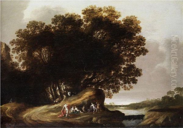 Landschaft Mit Zahlreichen Weiblichen Halbnackten Bis Nackten Personen An Gewasser Oil Painting by Dirk Dalens I