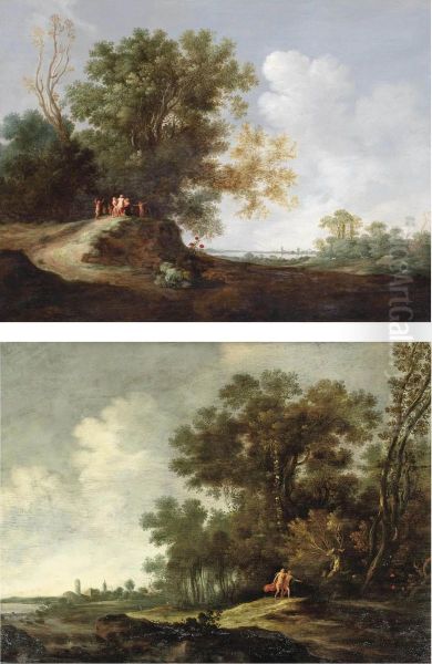 A Group Of Bacchantes And Satyrs Playing In A Wooded Landscape, Alake Beyond Oil Painting by Dirk Dalens I