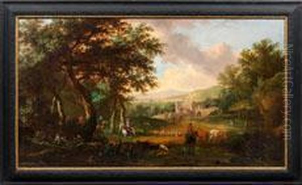 Grose Arkadische Landschaft Mit Hirten Und Reitern Vor Einem Schloss Im Abendlicht Oil Painting by Dirk Dalens I