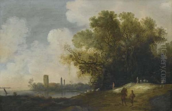 River Landscape With Figures. Oil Painting by Dirk Dalens I