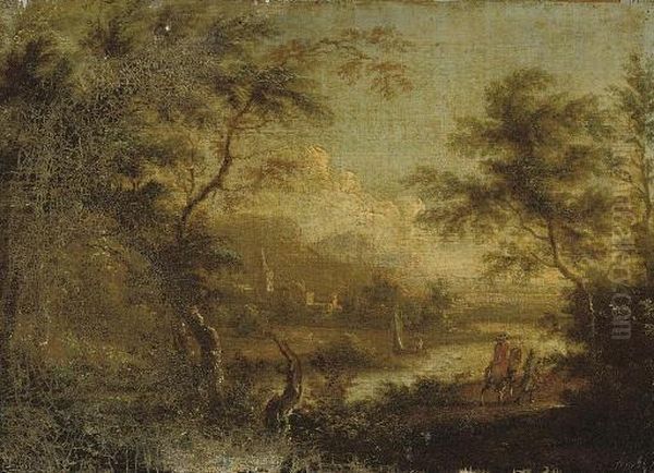 A Wooded River Landscape With Travellers On A Track, A Village Beyond Oil Painting by Dirck Dalens II