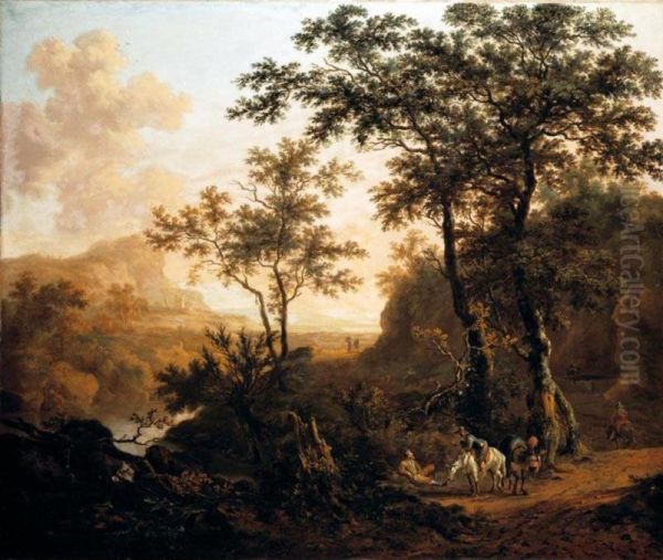 An Extensive Wooded River Landscape With Travellers On A Rocky Road, Ruins And Mountains Beyond Oil Painting by Dirck Dalens II