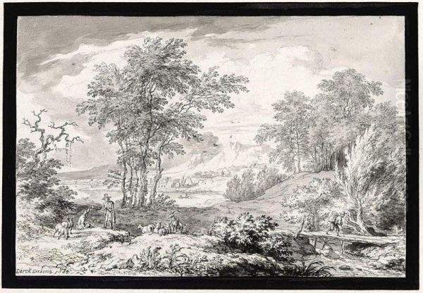 Herders In A Landscape, With A Man On A Bridge To The Right, And A Lakeside Town In The Distance Oil Painting by Dirck Dalens II