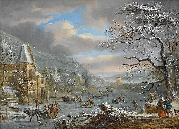 A Winter Landscape With Figures Skating On A Frozen River Oil Painting by Dirk Iii Dalens