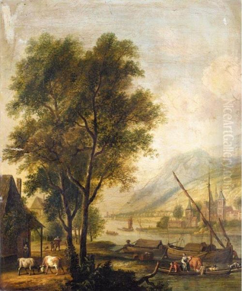 River Landscape With Cattle And Figures Before A Cottage, And Barges On The River Oil Painting by Dirk Iii Dalens