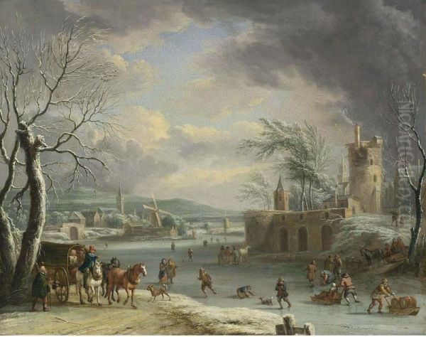 A Winter Landscape With Travellers In A Horse-drawn Carriage, Figures Skating And Sledding On The Ice, A Fortification In A Village Nearby, And Another Village With Mills And A Church Beyond Oil Painting by Dirk Iii Dalens