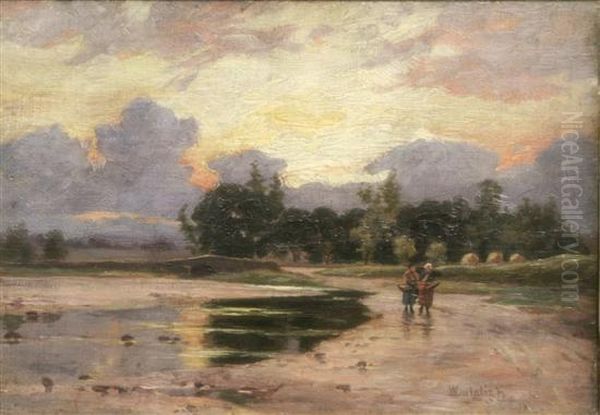 River Landscape At Sunset Oil Painting by William Dalglish