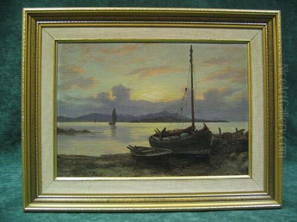 Fishing Boats On Shore Oil On Canvas 25cm X 35.5cm Oil Painting by William Dalglish