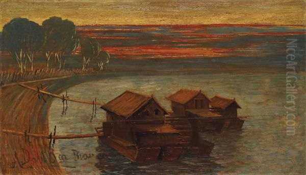 Boats On The River Etsche At Dusk Oil Painting by Angelo Dall'Oca Bianca