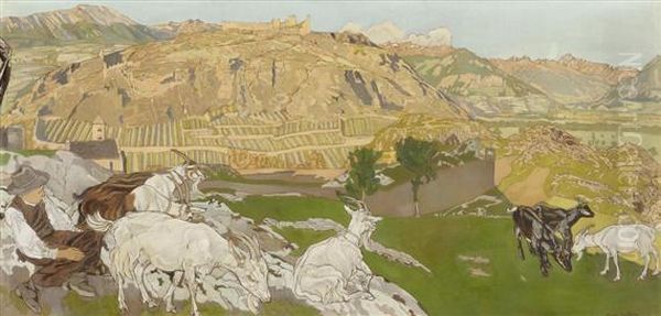 Herdsmanresting On A Mountain Meadow With View Over Sion Oil Painting by Raphy Dalleves