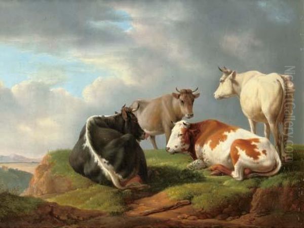 Cattle In A Sunlit Field Oil Painting by Alexander Johann Dallinger Von Dalling