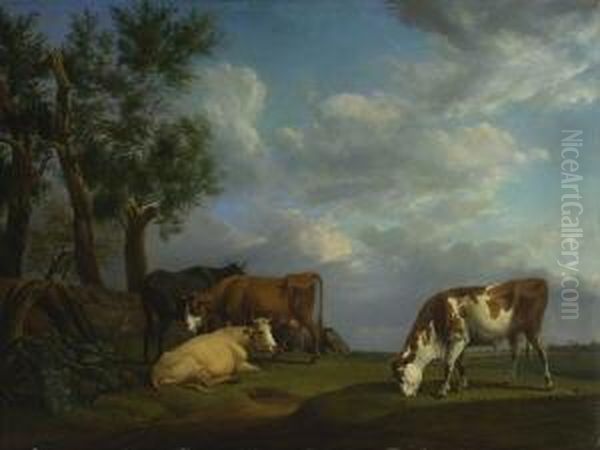 Kuhe Und Jungstier Auf Der
 Weide. Oil Painting by Alexander Johann Dallinger Von Dalling