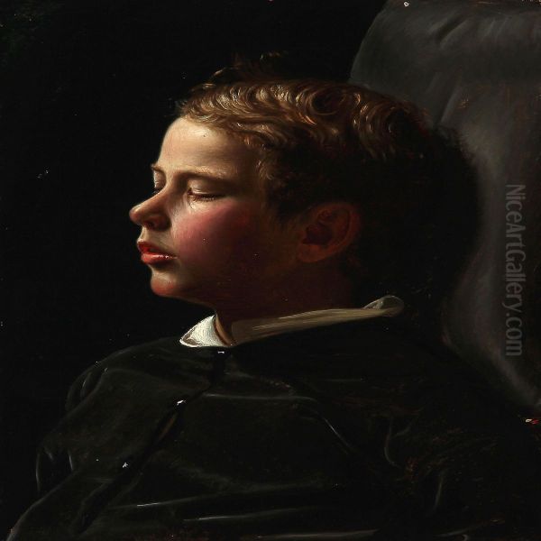 A Sleeping Boy Oil Painting by Christen Dalsgaard