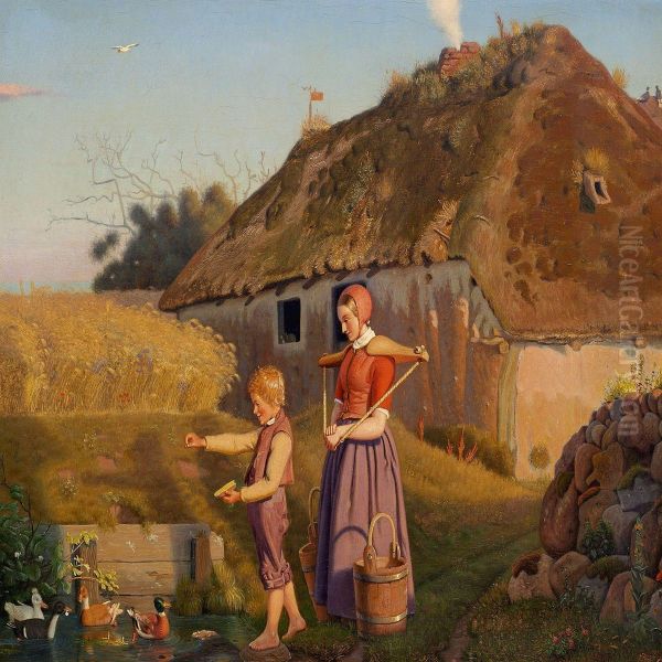 Pastoral Scene With A Little Boy Feeding The Ducks Oil Painting by Christen Dalsgaard