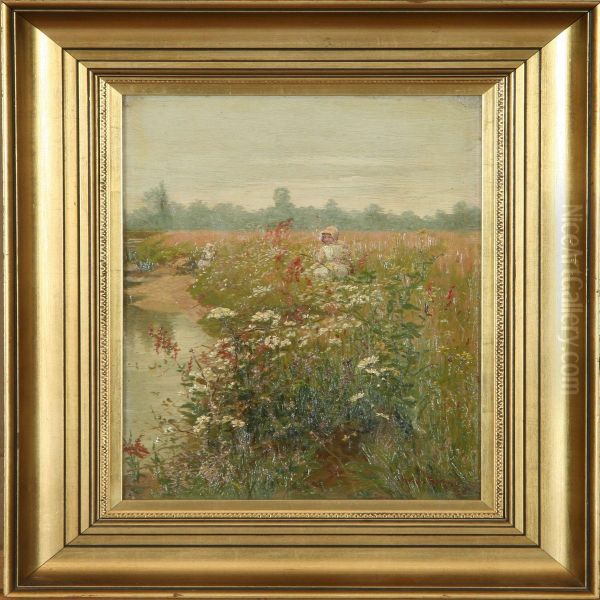 Two Young Girls Picking Wild Flowers Oil Painting by Herbert Dalziel