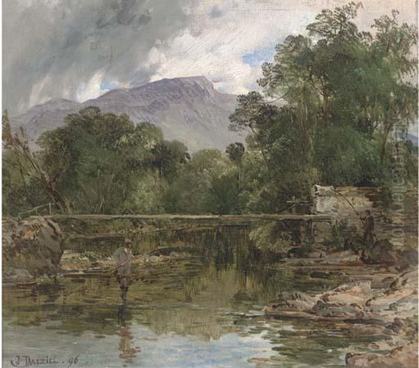 Anglers In A River Landscape Oil Painting by James B. Dalziel